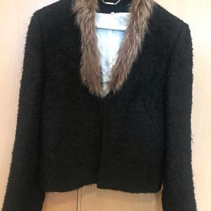 Fitted black cardigan jacket wool / mohair  rabbit fur trim
